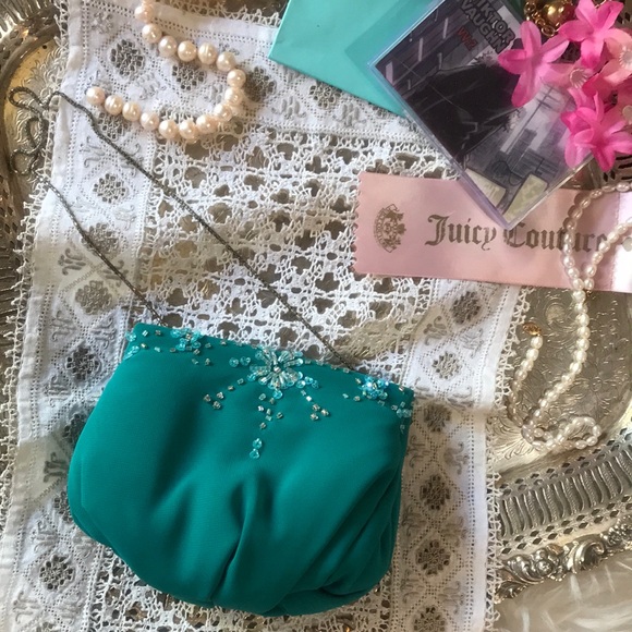 Vintage 90’s Teal Beaded Sequin Sparkle Mini Evening Bag Chain Formal Purse Prom - Picture 1 of 16